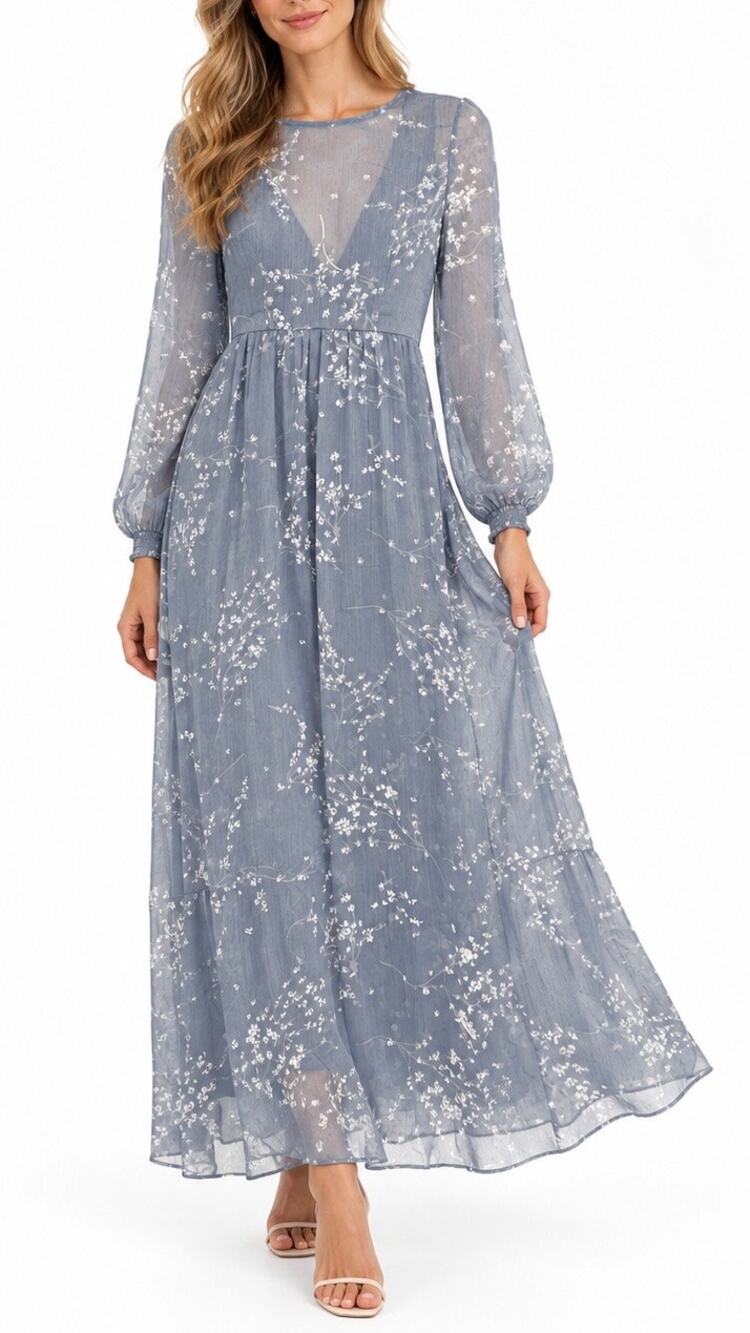 L’atiste Size S Blue Gray Floral Chiffon Maxi Dress Open Back Cottagecore Boho